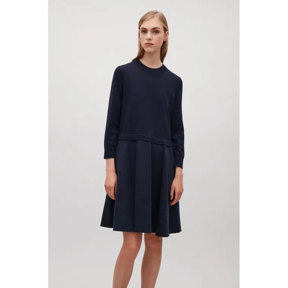 COS Long Sleeve Knitted Sweater Dress With Woven Skirt A-Line Minimalist Small - Picture 4 of 12
